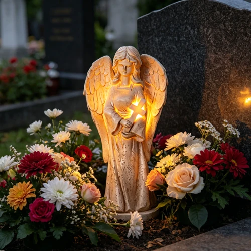 Saulės memorialinė statulėlė su besimeldžiančiu angelu su kryžiumi SM24290