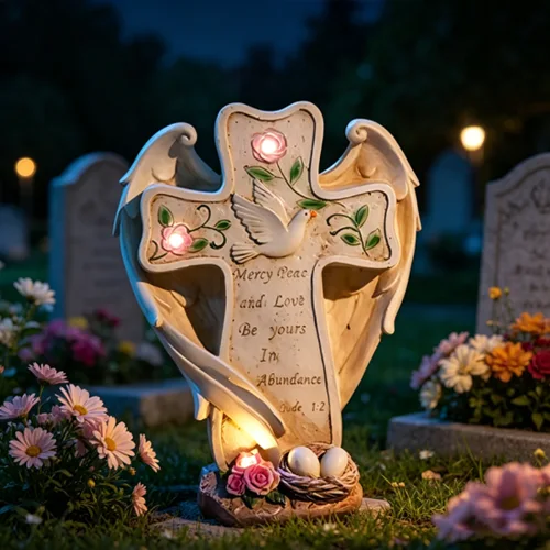 Saulės memorialinis kryžius su angelo sparnais su balandžiais SM25004