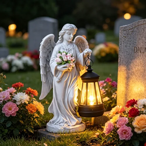 Saulės memorialinis žibintas su stovinčiu angelu su gėlių motyvu SM25997