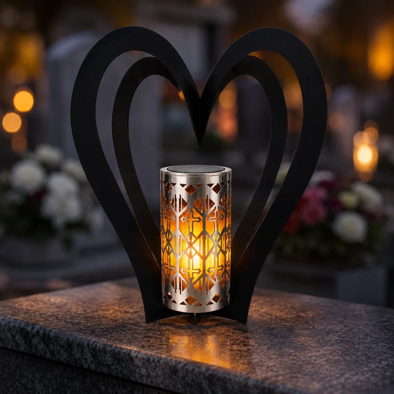 Saulės memorialinis žibintas su širdimi SM261011