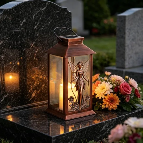 Saulės memorialinis žibintas su angelu su rožėmis SM26472B