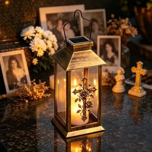 Saulės memorialinis žibintas su kryžiumi su rožėmis SM26472D