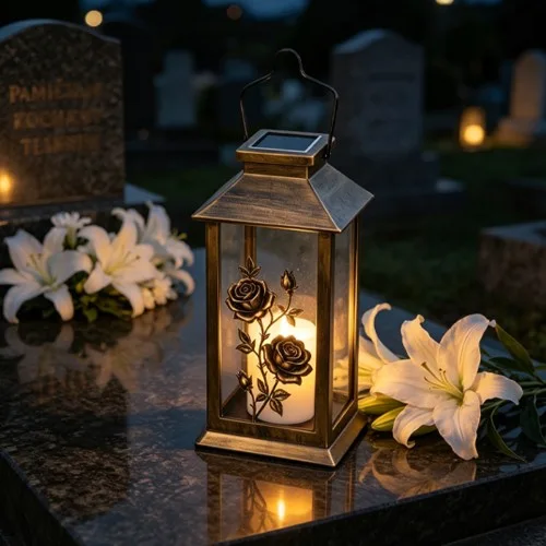 Saulės memorialinis žibintas su rožėmis SM26472E