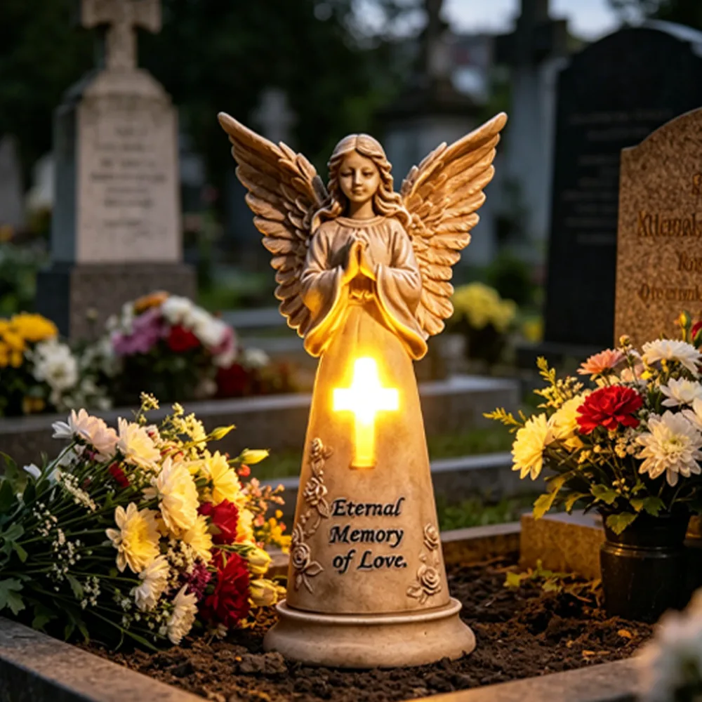 Saulės memorialinė statulėlė su besimeldžiančiu angelu su kryžiumi SM26512