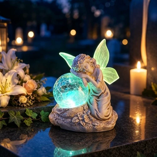 Saulės memorialinė statulėlė su miegančiu angelu su skilinėto stiklo gaubliu SM26585