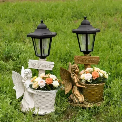 Saulės memorialinis gėlių vazonas su angelu su gėlių motyvu SM26586