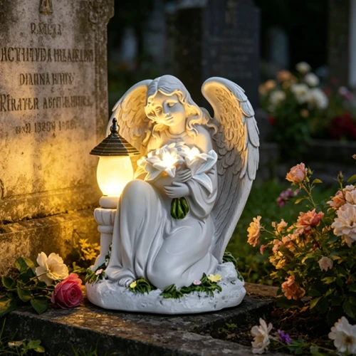 Saulės memorialinis žibintas su besimeldžiančiu angelu su gėlių motyvu SM26588