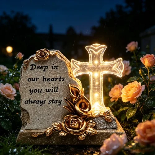 Saulės memorialinė plokštė su kryžiumi su rožėmis SM26646