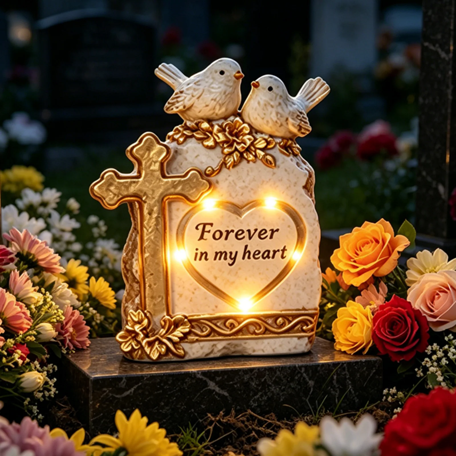 Saulės memorialinė širdis su kryžiumi su balandžiais SM26648