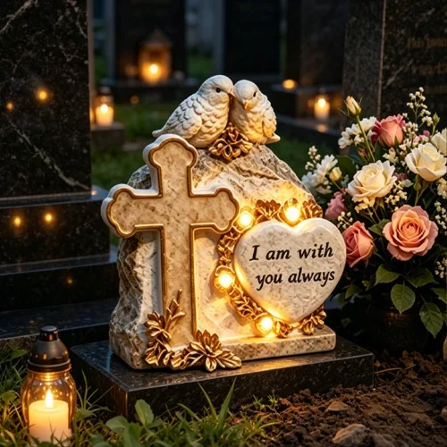 Saulės memorialinė širdis su kryžiumi su balandžiais SM26649