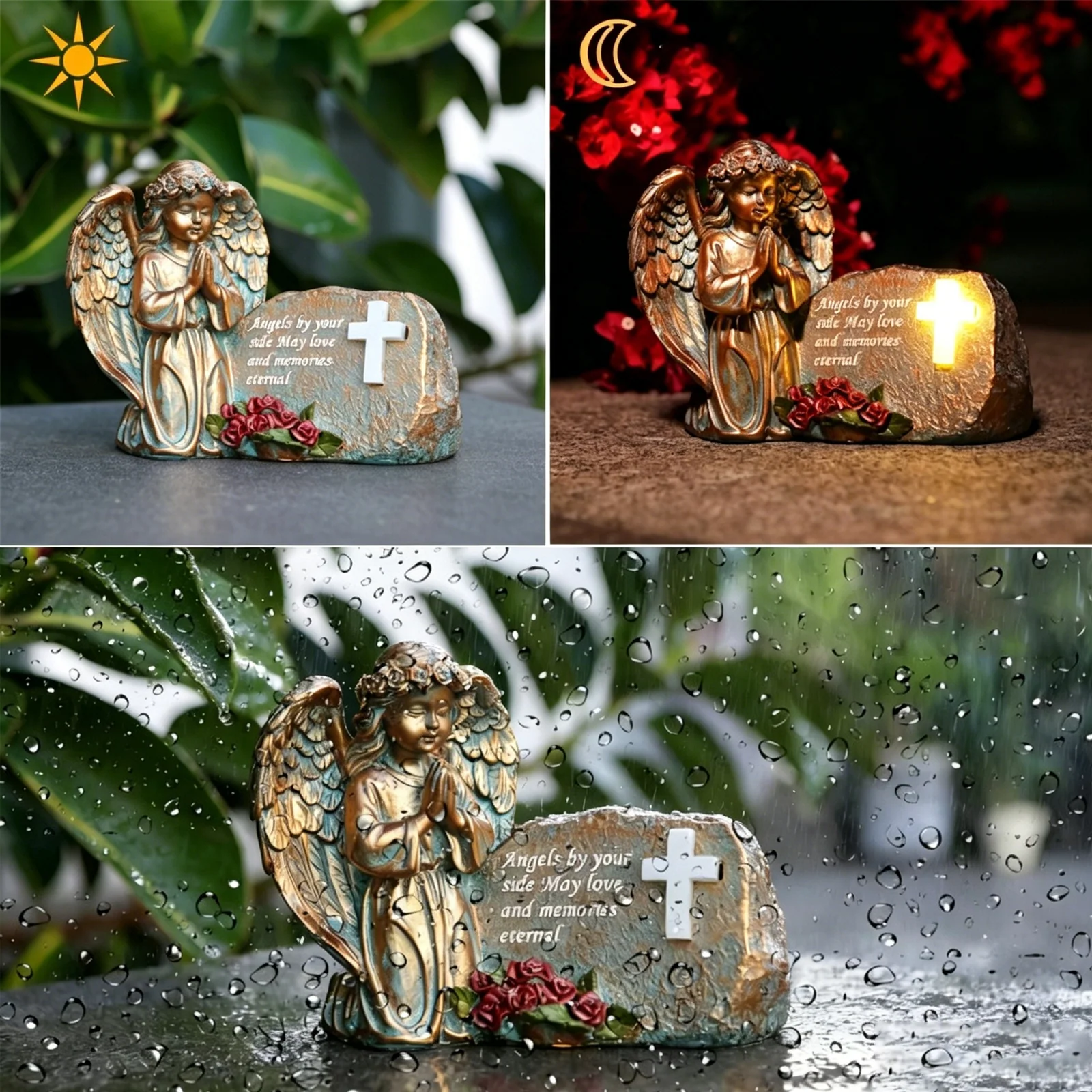 Saulės memorialinė plokštė su besimeldžiančiu angelu su kryžiumi SM26691