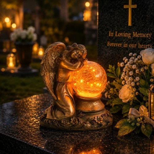 Saulės memorialinė statulėlė su miegančiu angelu su skilinėto stiklo gaubliu SM26739