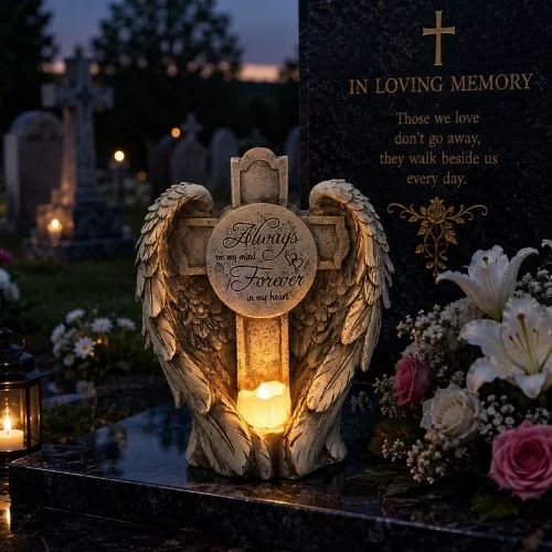 Saulės memorialinė širdis su angelo sparnais su kryžiumi SM26785