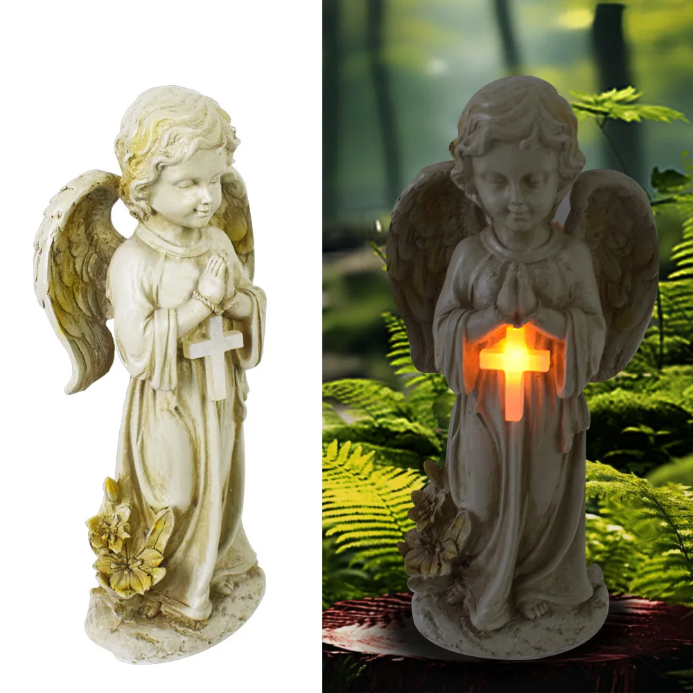Saulės memorialinė statulėlė su angelu su angelo sparnais su kryžiumi SM26795