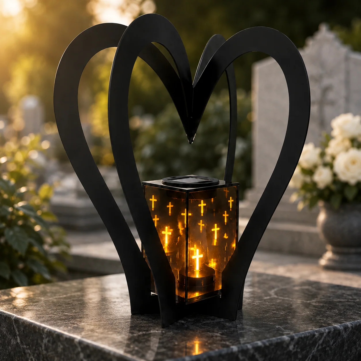 Saulės memorialinis žibintas su širdimi SM26995