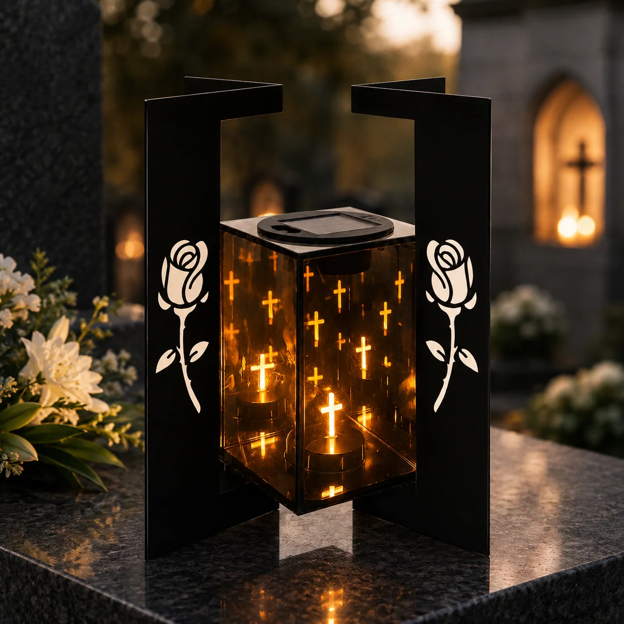 Saulės memorialinis žibintas su rožėmis SM26996
