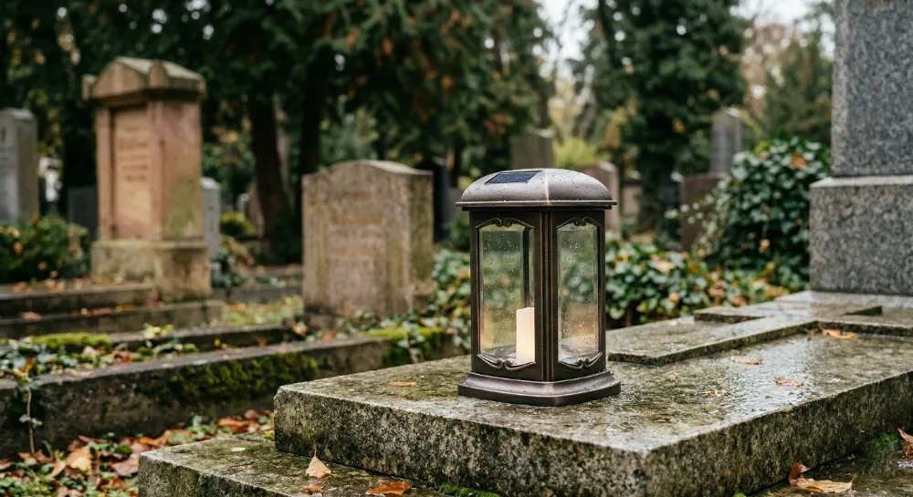 Saulės kapų žibintas po lietaus ir drėgmės poveikio