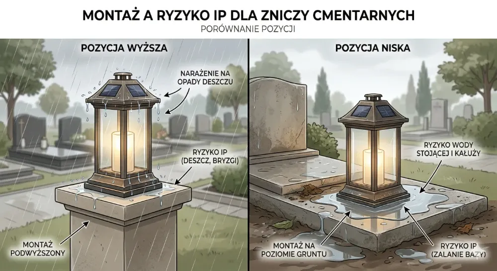 Aukščiau ir žemai pastatytas kapų žibintas su vandens rizika