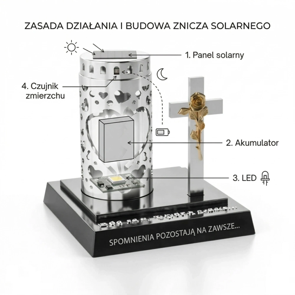Saulės kapų žvakės veikimas su panele, baterija ir LED