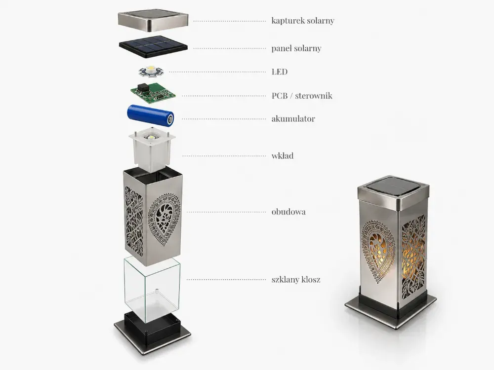 Saules kapu zvakes sandara: panele, LED, PCB, baterija ir korpusas