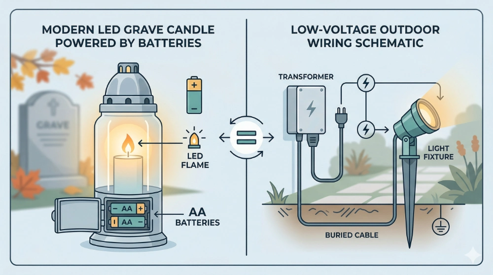 Baterinės elektrinės žvakės ir tikro 12 V laidinio apšvietimo skirtumas