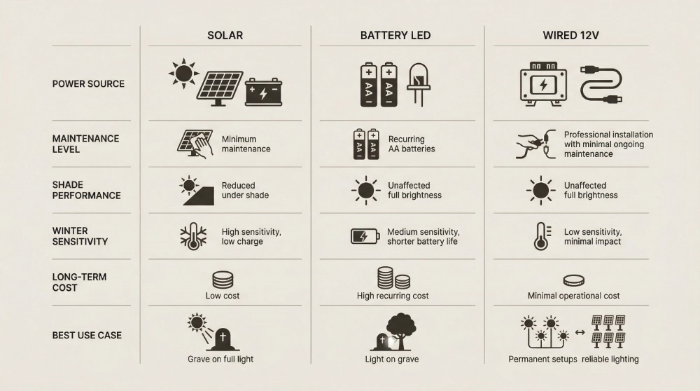 Saulės, baterinių LED ir laidinių kapų žvakių palyginimo infografika
