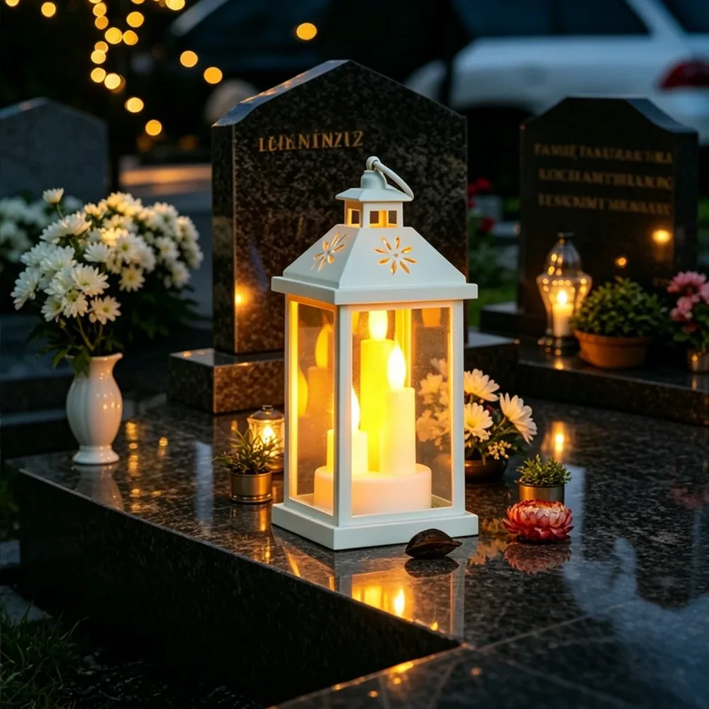 Dekoratyvinis baltas LED kapu zibintas su liepsnos efektu
